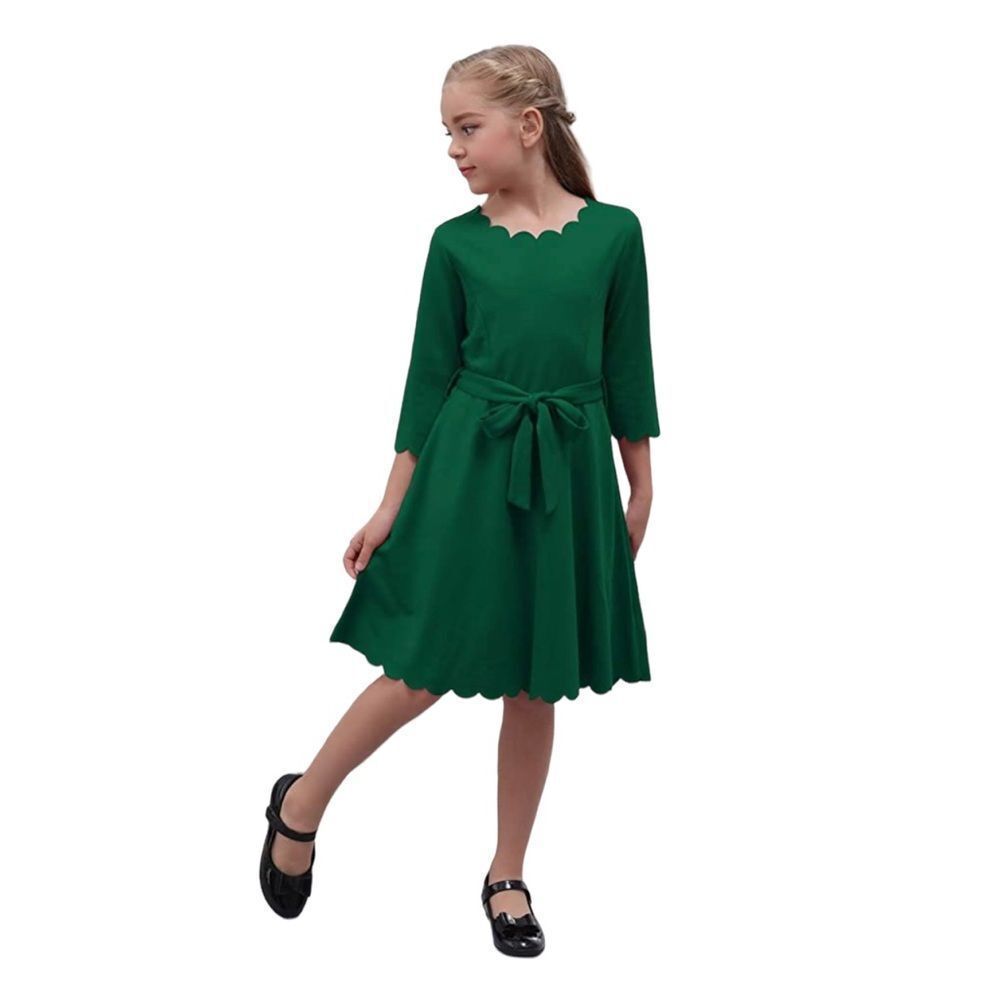 Girl 3/4 Sleeve Casual Scalloped Edge Trim A line Belted Skater Party Midi Dress